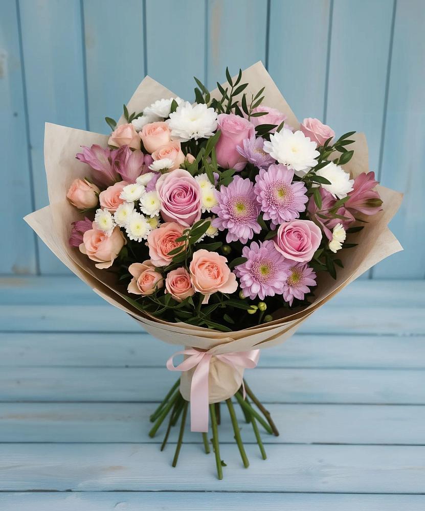 Букет цветов из: Хризантемы, Розы и Альстромерии в Порецкое