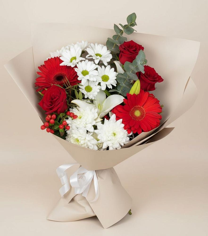 Букет цветов из: Розы, Хризантемы, Герберы и Лилии в Порецкое