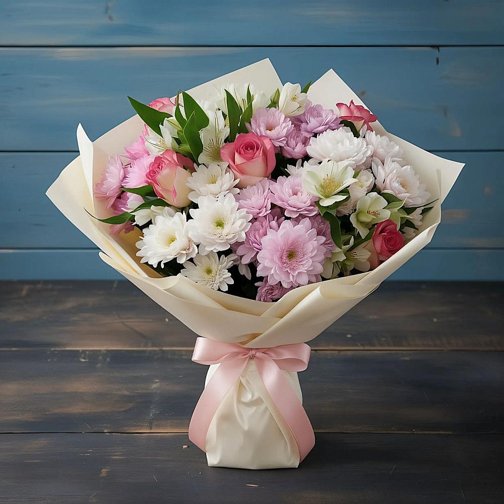 Букет цветов из: Хризантемы, Альстромерии и Розы в Порецкое